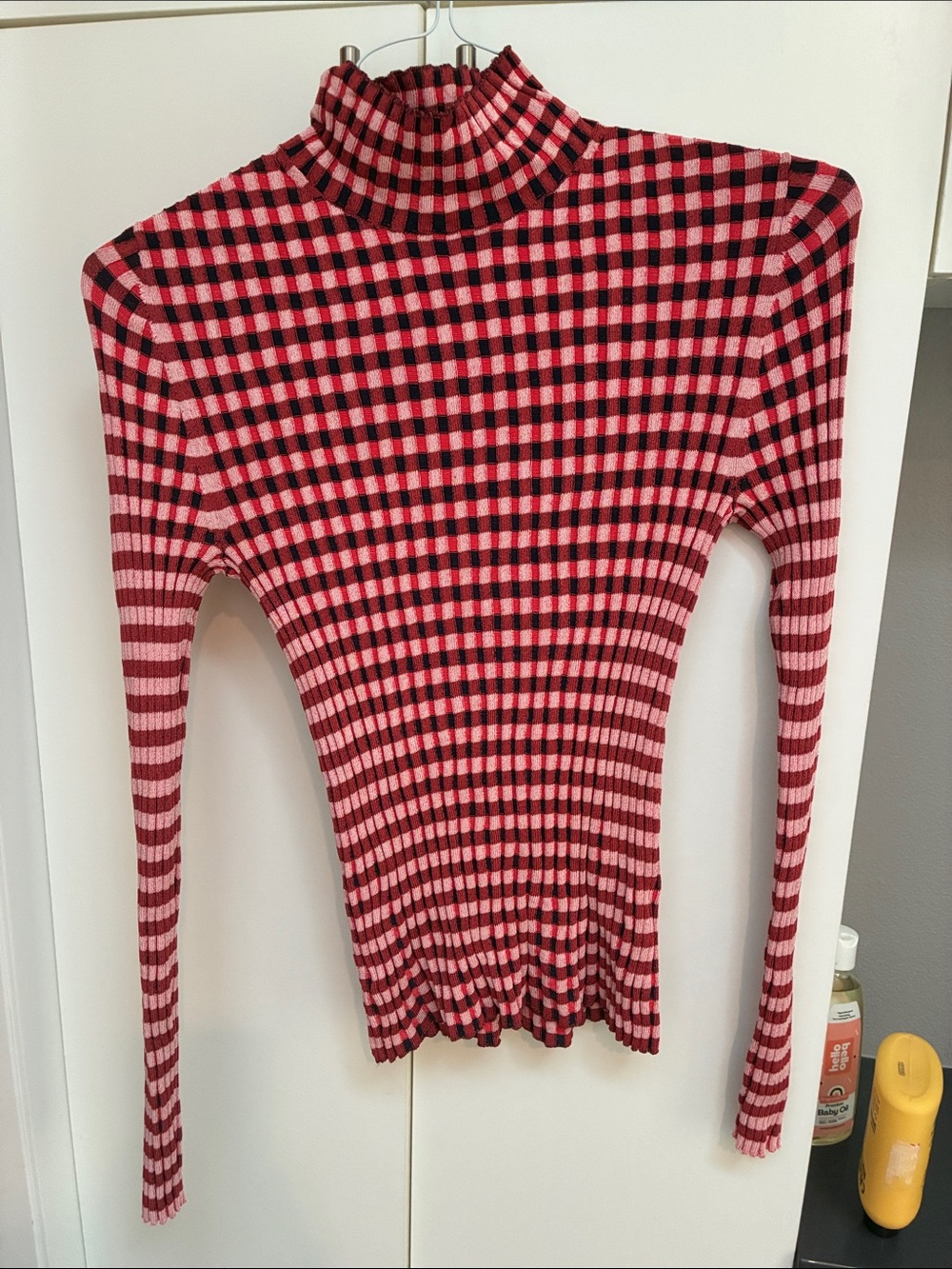 Boden Pink & Red Ribbed Striped Turtleneck Long Sleeve Top